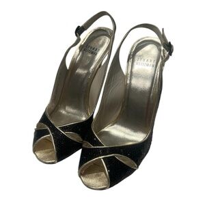Stuart Weitzman Black & Gold Glitter Slingback Heels – Size 8